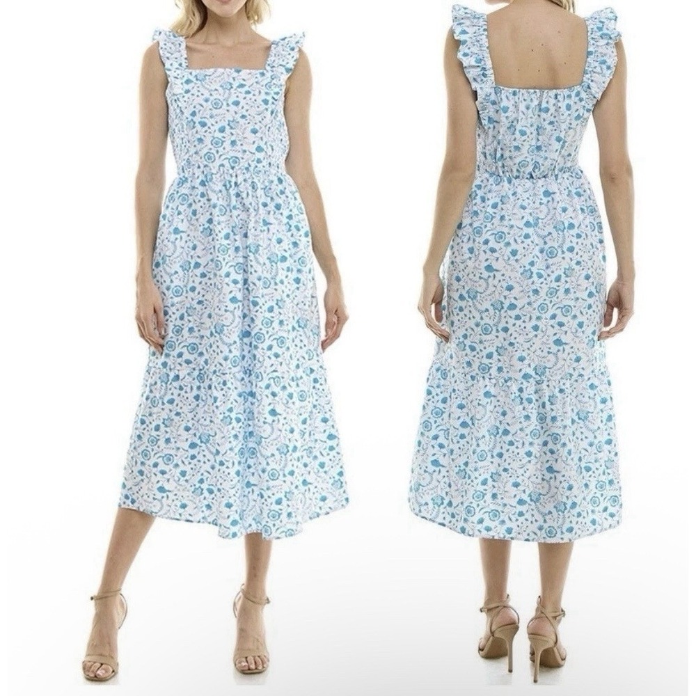 Draper James Maxi Dress Sz S White Floral Ruched Tiered Coastal Cottage Boho